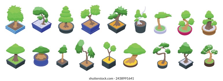 Bonsai tree icons set isometric vector. Japan leaf plant.