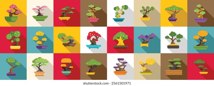 Bonsai tree icons set. Various bonsai trees are thriving in colorful pots, showcasing the art of miniature gardening