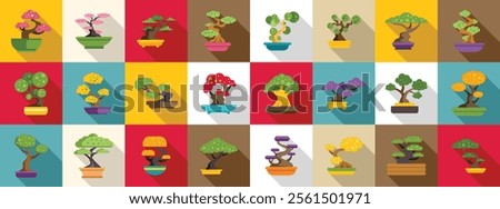 Bonsai tree icons set. Various bonsai trees are thriving in colorful pots, showcasing the art of miniature gardening