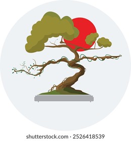 Bonsai Tree Illustration Vector. Japanese Bonsai Garden Zen Tree Logo. Plant Silhouette Icons on Palm Mat Background