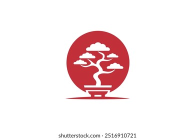 Bonsai tree. Logo, icon, emblem, sign. Vector illustration. Red color	