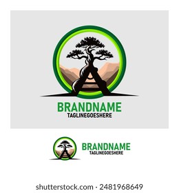 
bonsai tree logo in the shape of the letter A, green color, for company logo design and web design, high resolution.