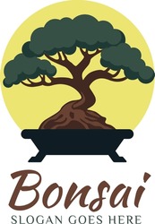 Bonsai Tree Logo Vector. Illustration Of Bonsai Logo Design Template Tree Vector In Flat Design Style
