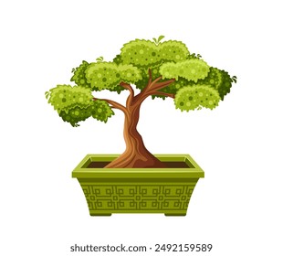 Bonsai Tree With Lush Green Leaves In An Ornamental Green Pot Isolated On White Background, Vector Illustration