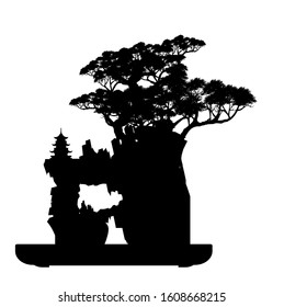 bonsai tree on the rock and Chinese architecture, vector illustration, mini tree