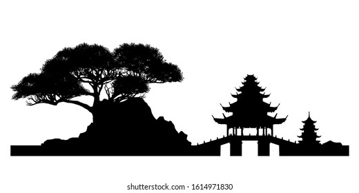 bonsai tree on the rock and Chinese architecture, vector illustration, mini tree