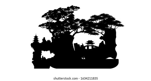 bonsai tree on the rock and Chinese architecture, vector illustration, mini tree