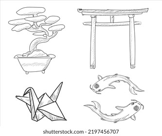 Bonsai tree, origami bird, swan, fish, torii gate, japan, sketch drawing vector