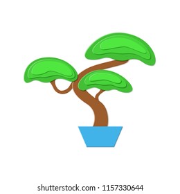Bonsai tree in paper cut style isolated on white background. Asian traditional stylized cartoon Bonsai fruit tree. Japanese miniature houseplant. Vector card illustration