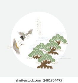 Bonsai tree and pine tree in Japanese element vector. Oriental natural with crane birds in vintage style.