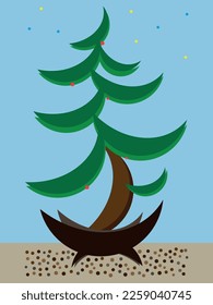 Bonsai tree. Pine or spruce in a vase. Simple illustration of a plant. Green and brown colors.