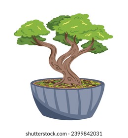 Planta arbórea de Bonsai dentro de la ilustración vectorial de la olla gris aislada en fondo blanco cuadrado. Sencillo dibujo de dibujos animados planos.