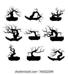 bonsai tree ,plant silhouette icons on white background.   