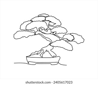 A bonsai tree in pot one continuous line drawing vector image One continuous line drawing of beauty and exotic miniature bonsai tree banyan plant design vector