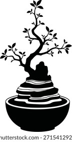 Árbol de bonsái en Ilustración vectorial de silueta de maceta para logotipos de jardín zen y arte de plantas en miniatura japonés.