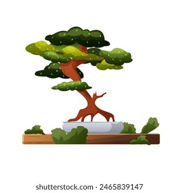 Bonsai tree in the pot and wooden table illustration