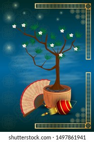 bonsai tree, potted, next to fan and Chinese flashlight blue background and frame