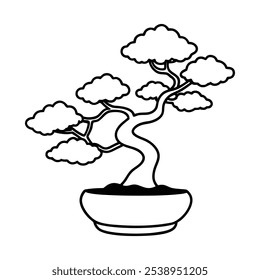 Bonsai Tree in Potted Plant Coloring Page – Intricate Line Art Illustration on White Background.