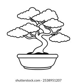 Bonsai Tree in Potted Plant Coloring Page – Intricate Line Art Illustration on White Background.