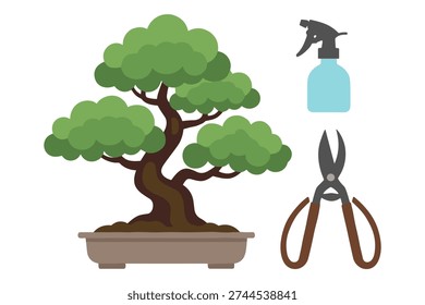 Bonsai tree, pruning shears, spray bottle. Miniature tree care and gardening concept. Isolated on white background.