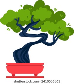 Bonsai tree in a red pot with twisted trunk and lush green leaves. Artistic representation of miniature tree for decoration and hobby. Zen gardening and nature love vector illustration.