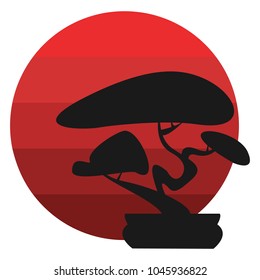 Bonsai tree and red sun. Flat vector illustration isolated on white background.