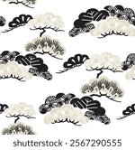 Bonsai tree seamless pattern in Japanese pattern. Black and white pine tree element background.
