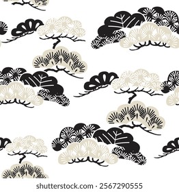 Bonsai tree seamless pattern in Japanese pattern. Black and white pine tree element background.