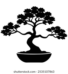 Bonsai Tree Silhouette Illustration – Miniature Tree, Black and White Outline, Zen Garden, Potted Bonsai, Nature Symbol