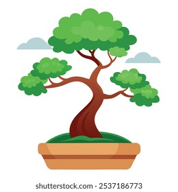 Bonsai Tree Silhouette Illustration – Miniature Tree, Black and White Outline, Zen Garden, Potted Bonsai, Nature Symbol