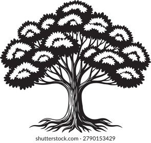 Bonsai Tree silhouette. Stylized black and white illustration of a robust tree with deep roots, symbolizing enduring life, growth, and natural beaut