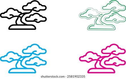 Bonsai tree silhouettes, minimalist art style, four-panel design, pop art colors, blue pink green black, contrasting hues, Japanese-inspired, zen garden aesthetic, vector graphics, symmetrical composi