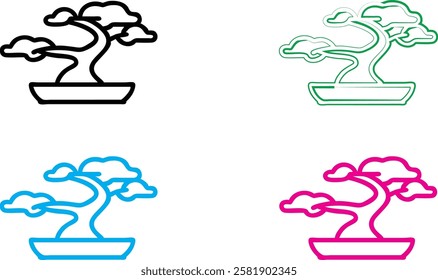 Bonsai tree silhouettes, minimalist art style, four-panel design, pop art colors, blue pink green black, contrasting hues, Japanese-inspired, zen garden aesthetic, vector graphics, symmetrical composi