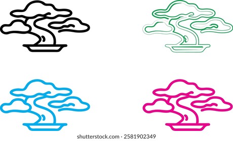 Bonsai tree silhouettes, minimalist art style, four-panel design, pop art colors, blue pink green black, contrasting hues, Japanese-inspired, zen garden aesthetic, vector graphics, symmetrical composi