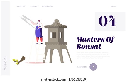 Bonsai Tree Trimming, Gardening Hobby Landing Page Template. Tiny Female Character with Huge Clippers Stand on Ladder with Cut Tree Brunch on Ground and Asian Decoration. Cartoon Vector Illustration