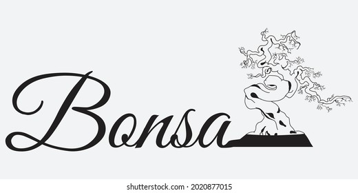 Bonsai Tree Typography Design, Plant Silhouette Icon On A White Background,