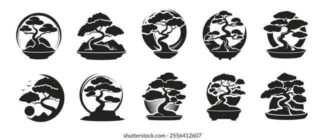 Bonsai tree vector icon set