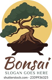 Bonsai Tree Vector Logo. Illustration of Bonsai Logo Design Template Tree Vector In Flat Design Style
