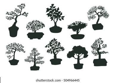 bonsai tree vector silhouette set