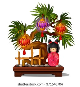 Bonsai tree with wooden japanese kokeshi doll and chinese lanterns isolated on white background. Vector cartoon close-up illustration.