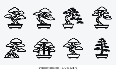Árboles de bonsái en ilustraciones de macetas para proyectos de diseño
