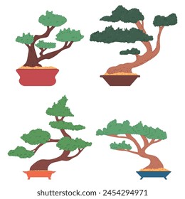 Bonsai trees in pots vector cartoon set isolated on a white background.