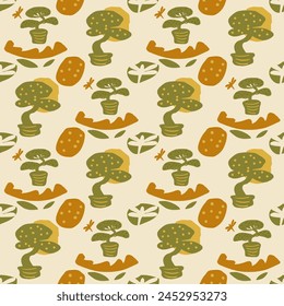 Bonsai trees seamless pattern. Abstract plant silhouette on pot with dragonfly and leaves and collage shape of ripped papers silhouettes repeat background. Scribble endless cover. Vector illustration.
