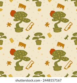 Bonsai trees seamless pattern. Plant on pot with leaves and collage shape of ripped papers silhouettes repeat background. Vector hand drawn flat illustration.