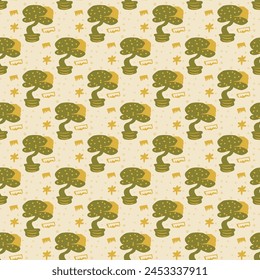 Bonsai trees seamless pattern. Plant on pot with leaves and collage shape of ripped papers silhouettes repeat background. Scribble endless cover. Vector hand drawn flat illustration.
