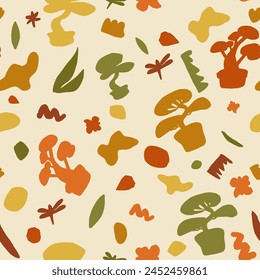 Bonsai trees seamless pattern. torn plant silhouette on pot with dragonfly and leaves and collage shape of ripped papers silhouettes repeat background. Scribble endless cover. Vector illustration.