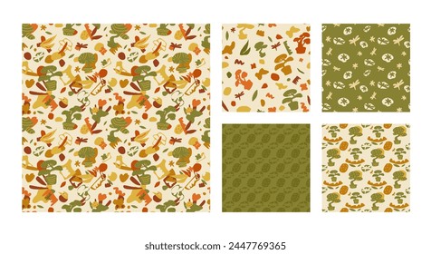 Bonsai trees seamless patterns collection. Plant on pot with leaves and collage shape of ripped papers silhouettes repeat background set. Vector hand drawn flat illustration.