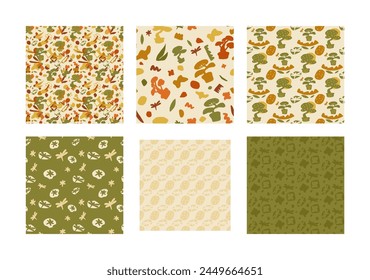 Bonsai trees seamless patterns collection. Plant on pot with leaves and collage shape of ripped papers silhouettes repeat background set. Vector hand drawn flat illustration.