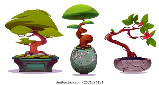 Bonsai trees set isolated on white. Vector cartoon illustration of exotic green plants with flowers and curvy branches in stone and ceramic vases, traditional Japanese gardening art, landscape design