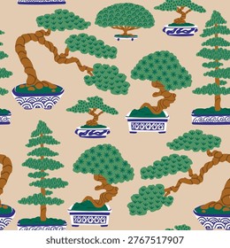 Bonsai trees. Small decorative trees in pots. Traditional Japanese plants, oriental garden art. Little potted decorative houseplants. Hand drawn trendy Vector illustration. Square seamless Pattern